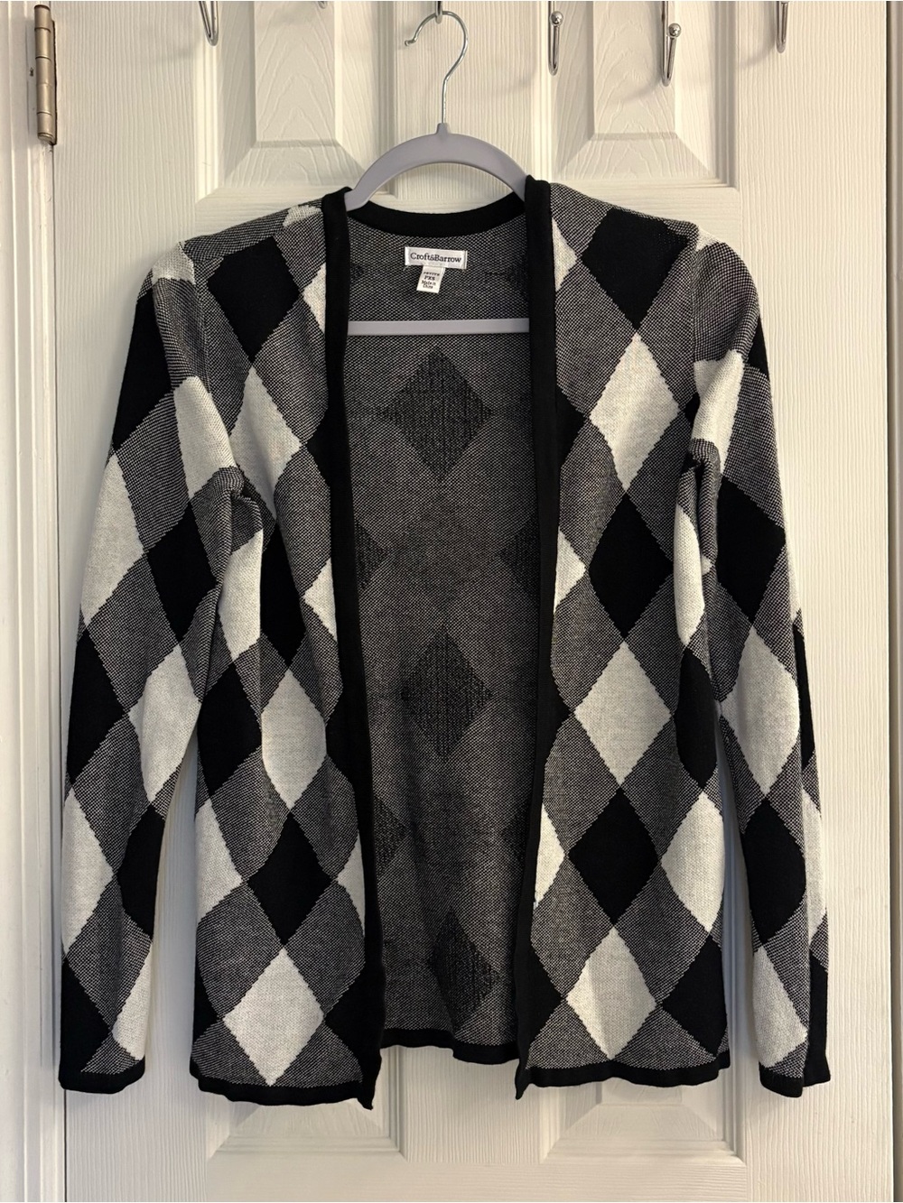 Croft & Barrow Petite PXS Argyle Cardigan Sweater Black White Cotton Blend Open.